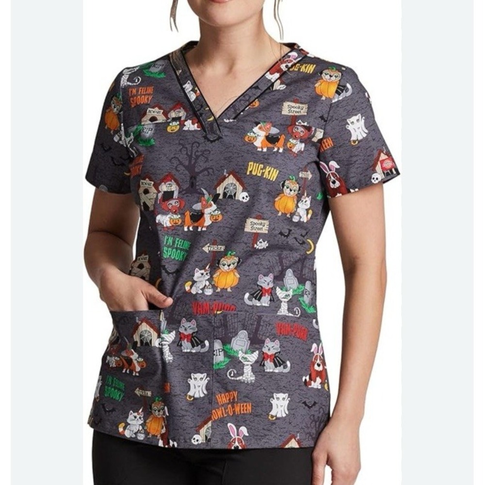 Dickies Halloween Howl Oween Scrub Top Workwear Nurse Hospital Size L Graphic